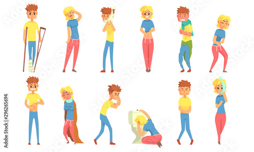 Sick People Set, Men and Women Characters Suffering from Different Diseases Vector Illustration