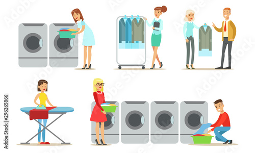 Dry Cleaning Service Set, People Using Professional Textile Clothing Service Vector Illustration