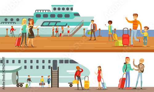 People Using Public Transport Set, Passengers of Cruise Ship and Airplane Vector Illustration