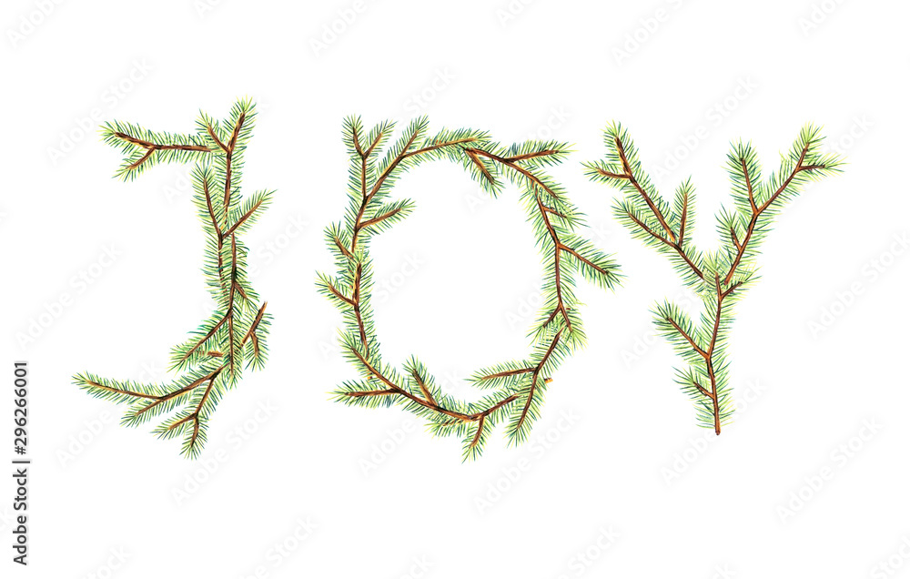 Christmas and New Year Greeting Card. Winter Holidays joy inscription made of fir branches. Noel. Xmas Twig Christmas and New Year Greeting Card. Winter Holidays joy inscription made of fir branches. Noel. Xmas Twig