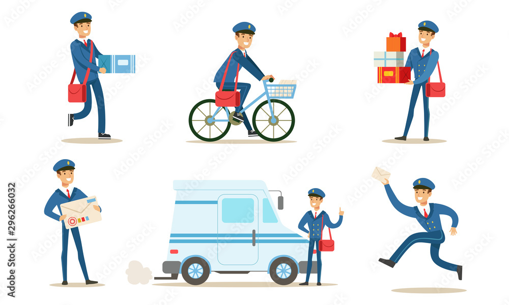 Cheerful Postman or Mailman Delivering Mails and Packages Set Vector Illustration