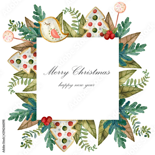 Watercolor frame on a christmas theme. Perfect for invitations, greeting cards, prints, packaging and more. Merry christmas and happy new year.