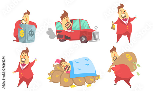 Funny Rich Millionaire in Different Situations Set, Fat Businessman Character in Red Suit with Money Bags Cartoon Vector Illustration