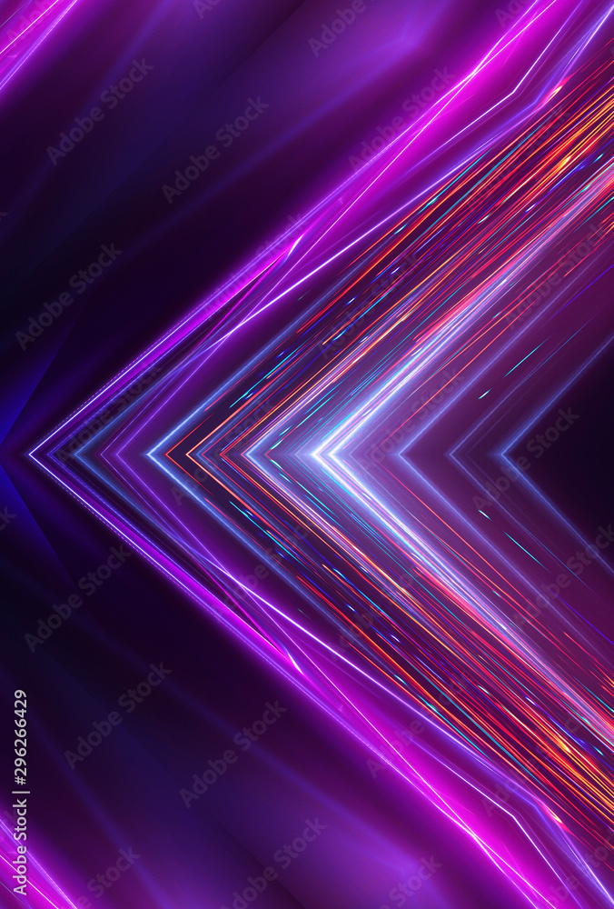 Fototapeta premium Abstract neon background with light lines and stripes, geometric shapes made of neon. Ayutrast light, scene, purple, pink neon. Abstract light tunnel, portal. Symmetric reflection, mirroring