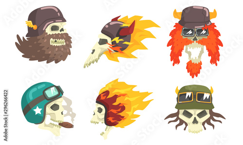 Skull Heads Wearing Retro Helmets Set, Biker Skull Bones Vector Illustration