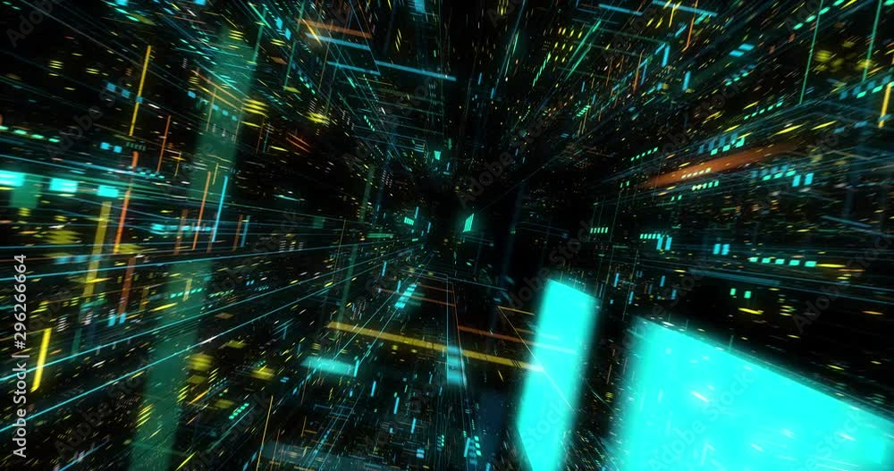 AI artificial intelligence and ML machine learning abstract concept, CPU GPU computing core with information streams. Data deep learning computer machine. Seamless loop, 3D render