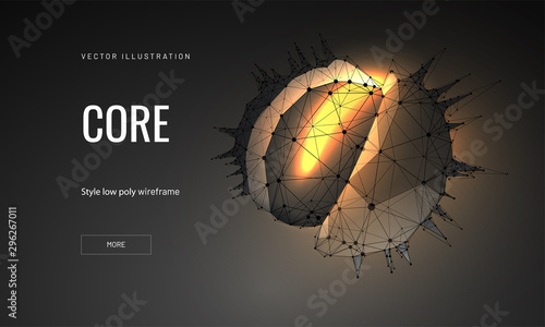 Core low poly wireframe landing page template. Physics, chemistry science web banner. 3d atom component, cell nucleus polygonal illustration. Microparticle part mesh art homepage design layout