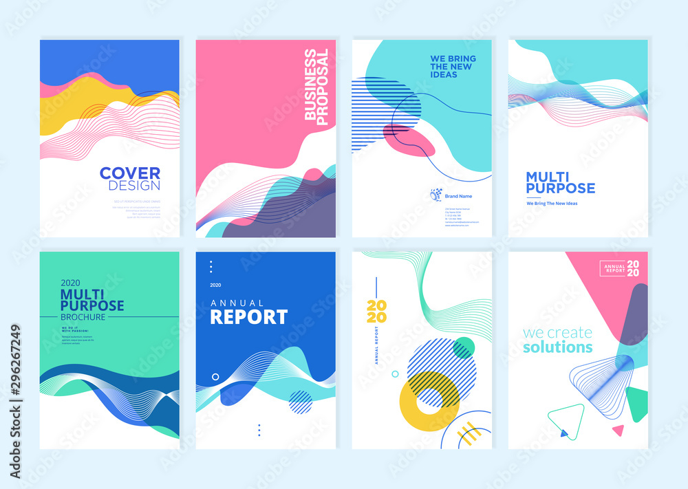 Set of brochure, annual report, cover design templates. Vector illustrations for business presentation, business paper, corporate document, flyer and marketing material. - obrazy, fototapety, plakaty 