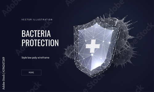 Bacteria protection low poly wireframe landing page template. Microbiology science web banner. 3d bacterium and protective shield polygonal illustration. Cure action mesh art homepage design layout