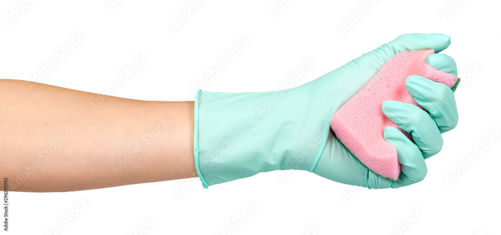 Hand with rubber glove and sponge, protection uniform, hygiene cleaning tool.