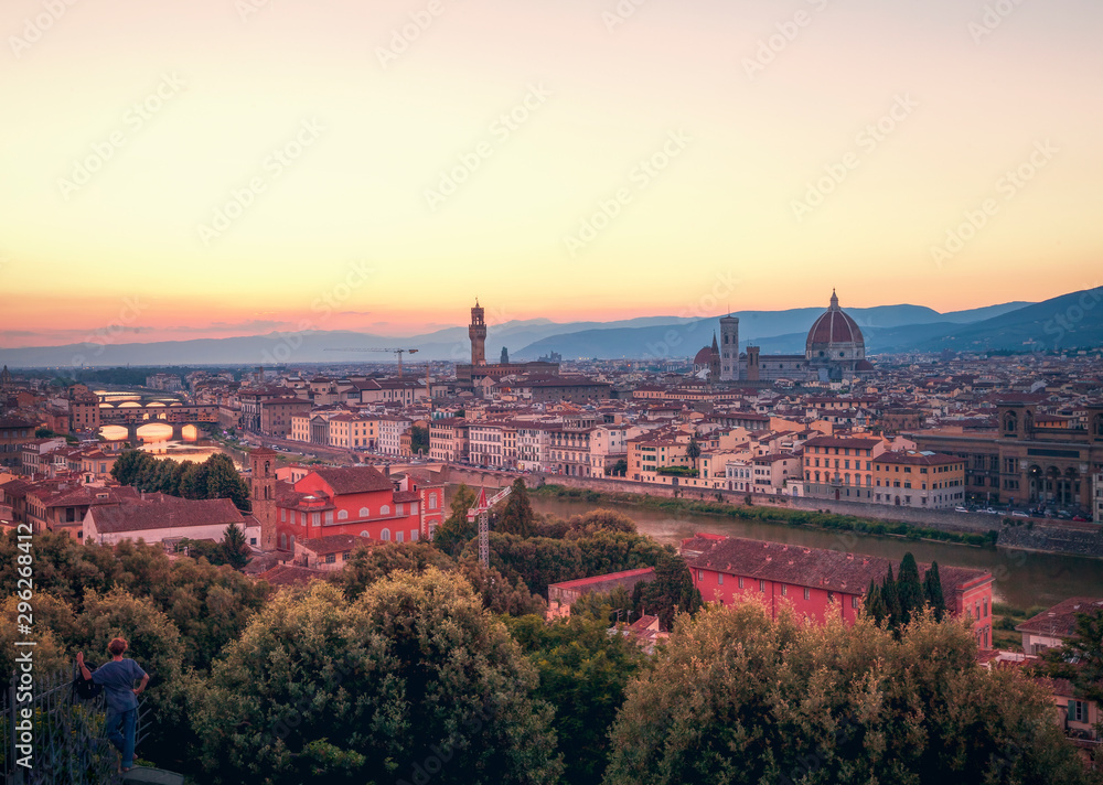 Panorama of Florence city centre at sunset time, Italy