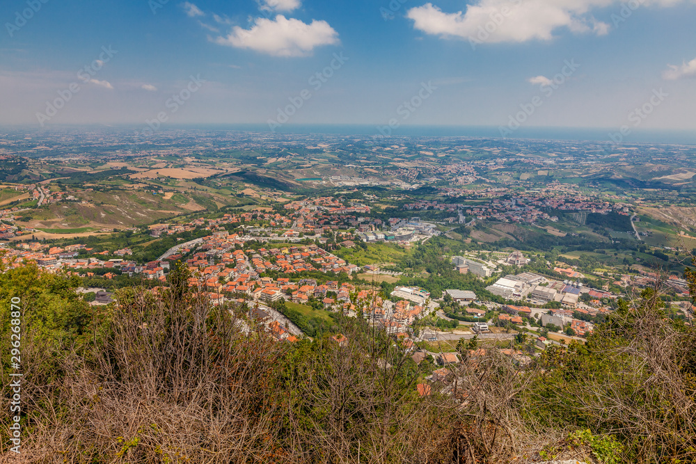 Panoramic view from San Marino castle to surrounded town amd villages