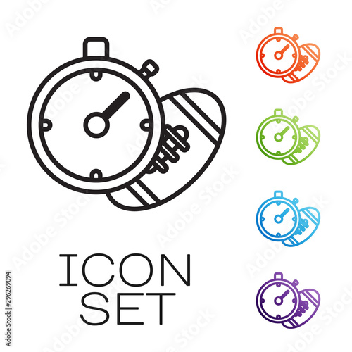 Black line American Football ball and stopwatch icon isolated on white background. Set of sport equipment. Set icons colorful. Vector Illustration