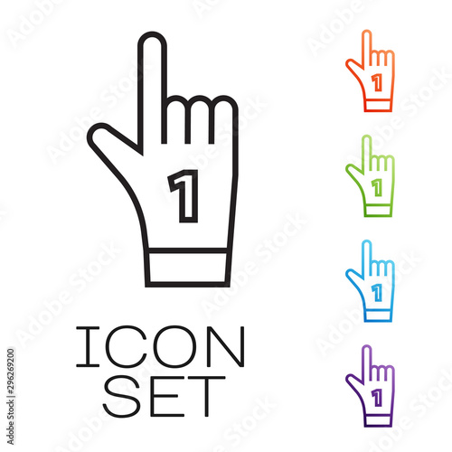 Black line Number 1 one fan hand glove with finger raised icon isolated on white background. Symbol of team support in competitions. Set icons colorful. Vector Illustration