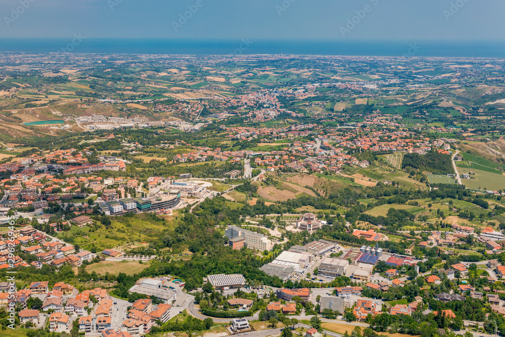 Panoramic view from San Marino castle to surrounded areas and sea