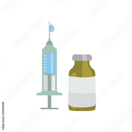 Medicine syringe and ampule color vector icon. Flat design