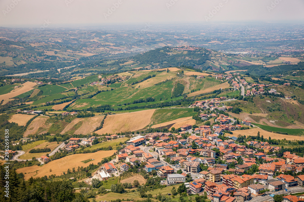 Panoramic aerial view of San Marino from the castle, San Marino Panoramic aerial view of San Marino from the castle, San Marino