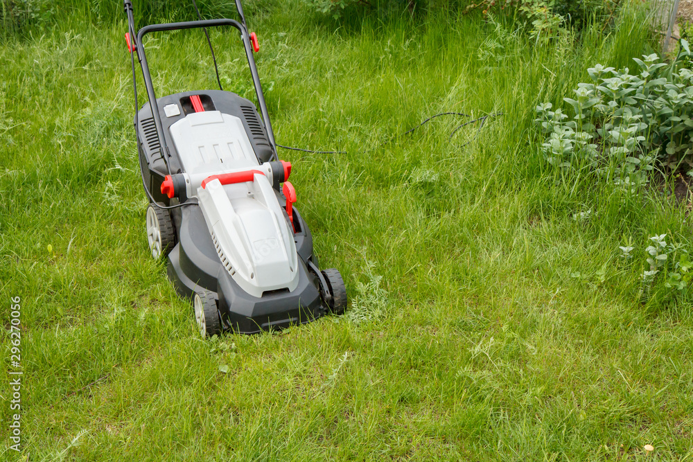 Fototapeta premium Lawn mower on green grass in the garden