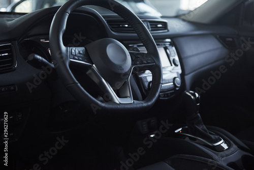 Steering wheel. Front part of the new expensive modern car that captured inside © standret