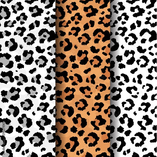 Vector set of abstract seamless pattern of leopard predatory print. Modern animal fur fashion background collection. Realistic Leopard print. Exotic wild animal skin pattern for textile, decoration.