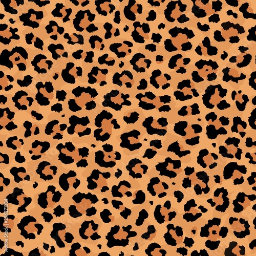 Vector abstract seamless pattern of golden leopard predatory print. Modern animal fur fashion background. Realistic Leopard colorful print. Exotic wild animal skin pattern for textile, decoration.