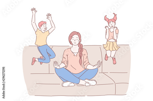 Motherhood, psychological balance concept. Mother meditating in lotus pose with excited kids jumping on sofa, relaxed mommy practicing yoga calming techniques. Simple flat vector