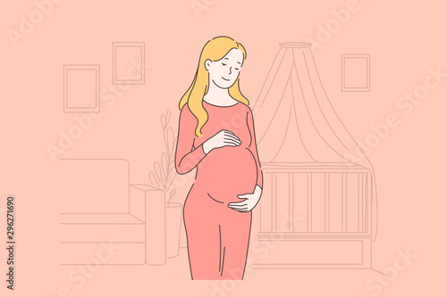 Healthy pregnancy, waiting for childbirth, baby expecting and childbearing, happy motherhood concept. Beautiful pregnant woman holding belly, cheerful expectant mother. Simple flat vector
