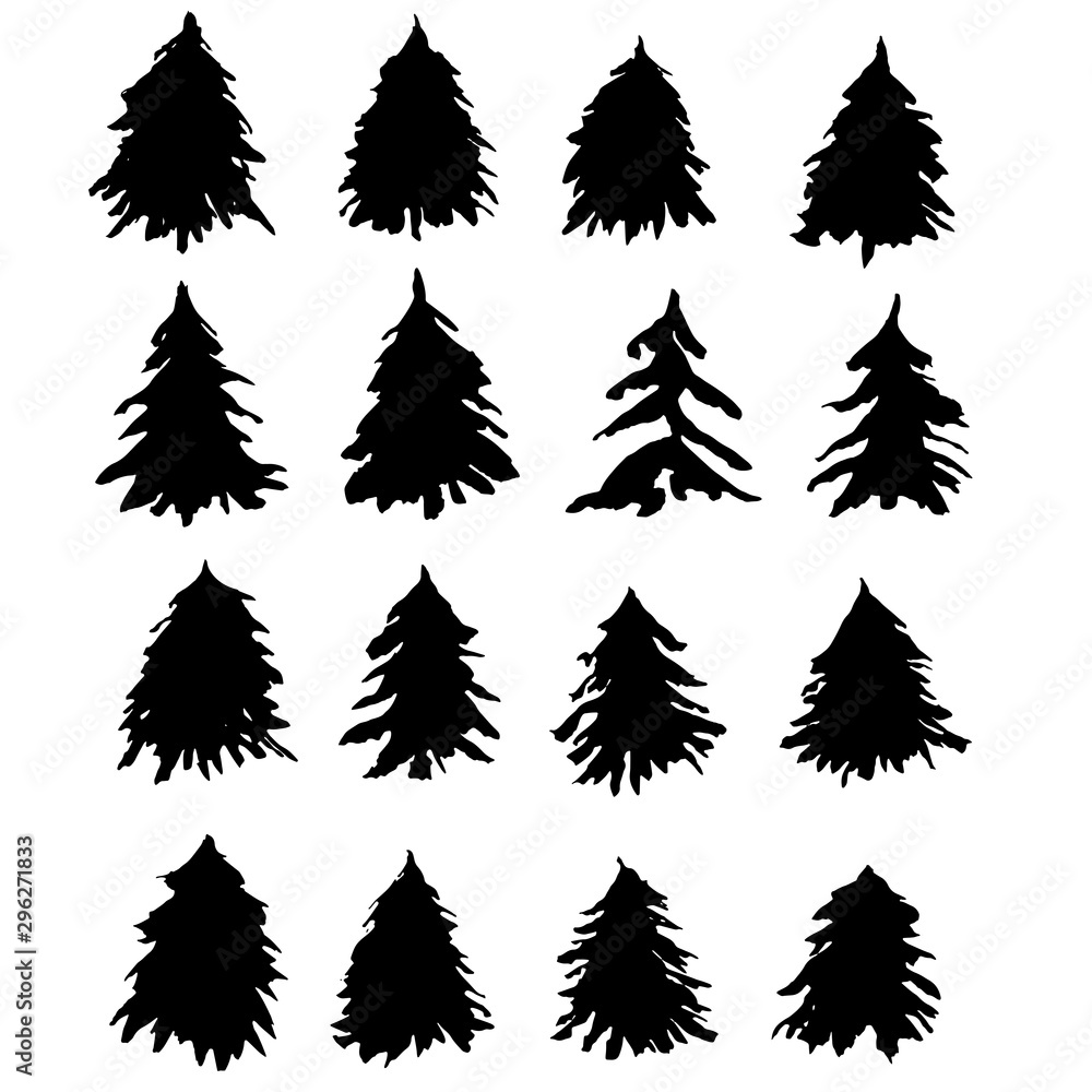 Fir tree silhouettes set. Black grunge Christmas tree. Watercolor spruce isolated on white background. Vector illustration.