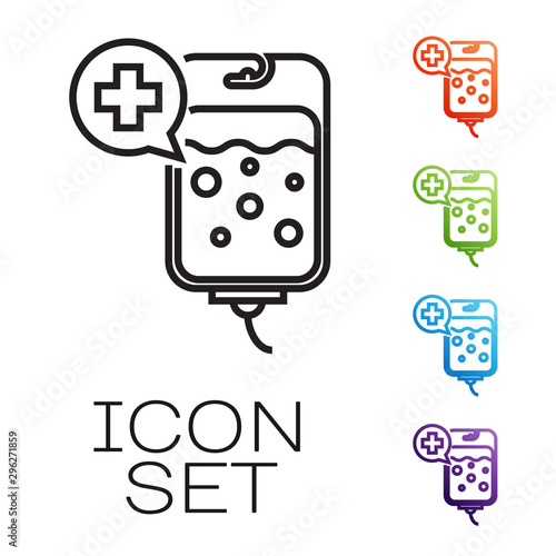 Black line IV bag icon isolated on white background. Blood bag icon. Donate blood concept. The concept of treatment and therapy, chemotherapy. Set icons colorful. Vector Illustration