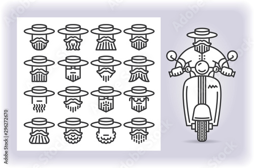 Redactable picture of person with mustache and beard wearing a amish hat that riding by scooter and set of sixteen replaceable icons of that driver heads isolated on white. Emoji and avatars.