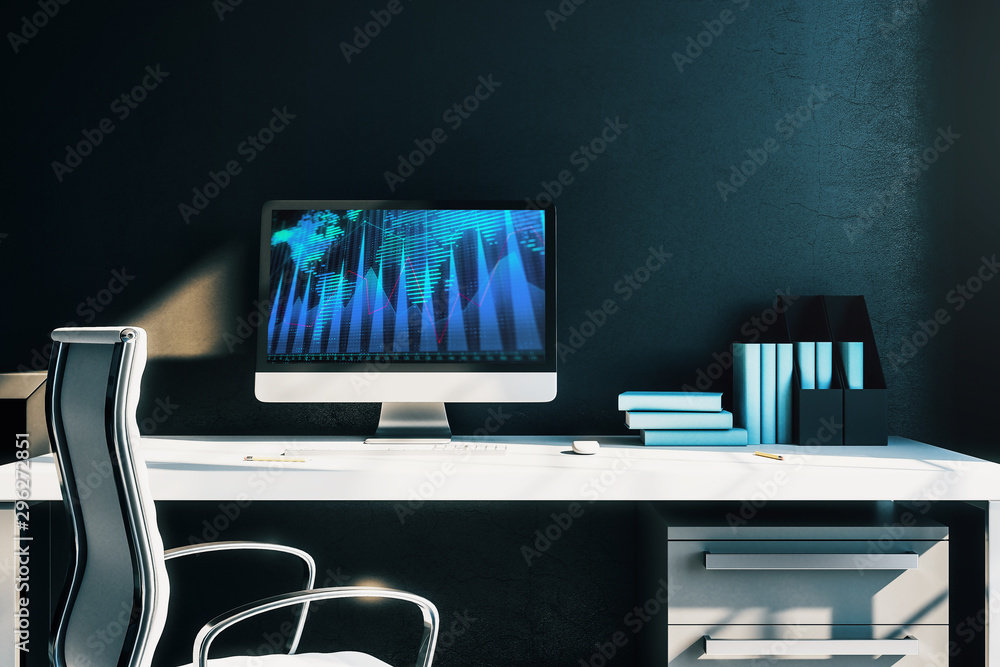 Cabinet desktop interior with financial charts and world map on computer screen. Concept of international market analysis and trading. 3d rendering. Cabinet desktop interior with financial charts and world map on computer screen. Concept of international market analysis and trading. 3d rendering.