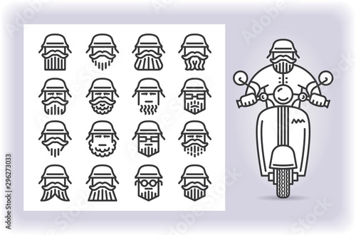 Redactable picture of person with mustache and beard wearing a helmet that riding by scooter and set of sixteen replaceable icons of that driver heads isolated on white. Emoji and avatars.
