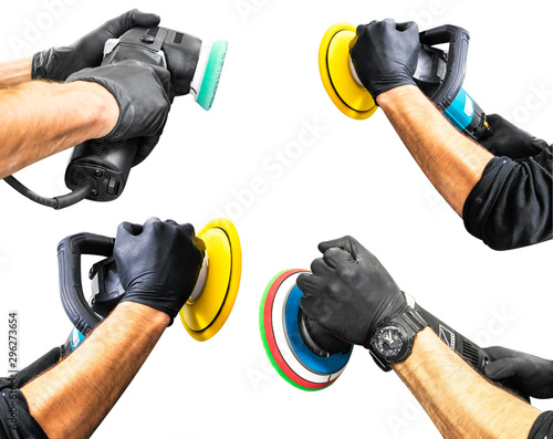 Canvas-taulu Set of car polish wax worker hands holing polishing tools isolated on white background