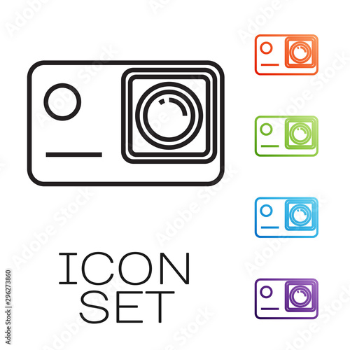 Black line Action extreme camera icon isolated on white background. Video camera equipment for filming extreme sports. Set icons colorful. Vector Illustration