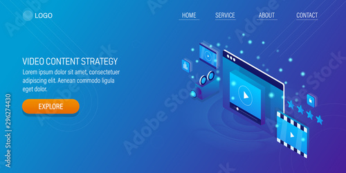 Video content, content marketing success, social media engagement, video influencer concept. 3d isometric banner, template.