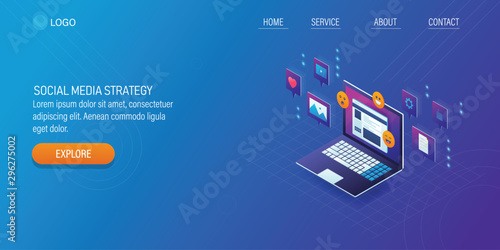 Social media strategy, digital marketing, content development concept. 3d isometric landing page template banner.