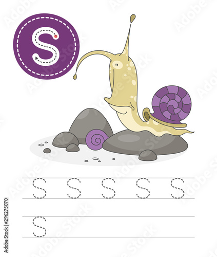 Learning to write a letter - S. A practical sheet from a set of exercises game for kids. Cartoon funny clam with letter. Spelling the alphabet. Child development and education. Snail - Vector. photo