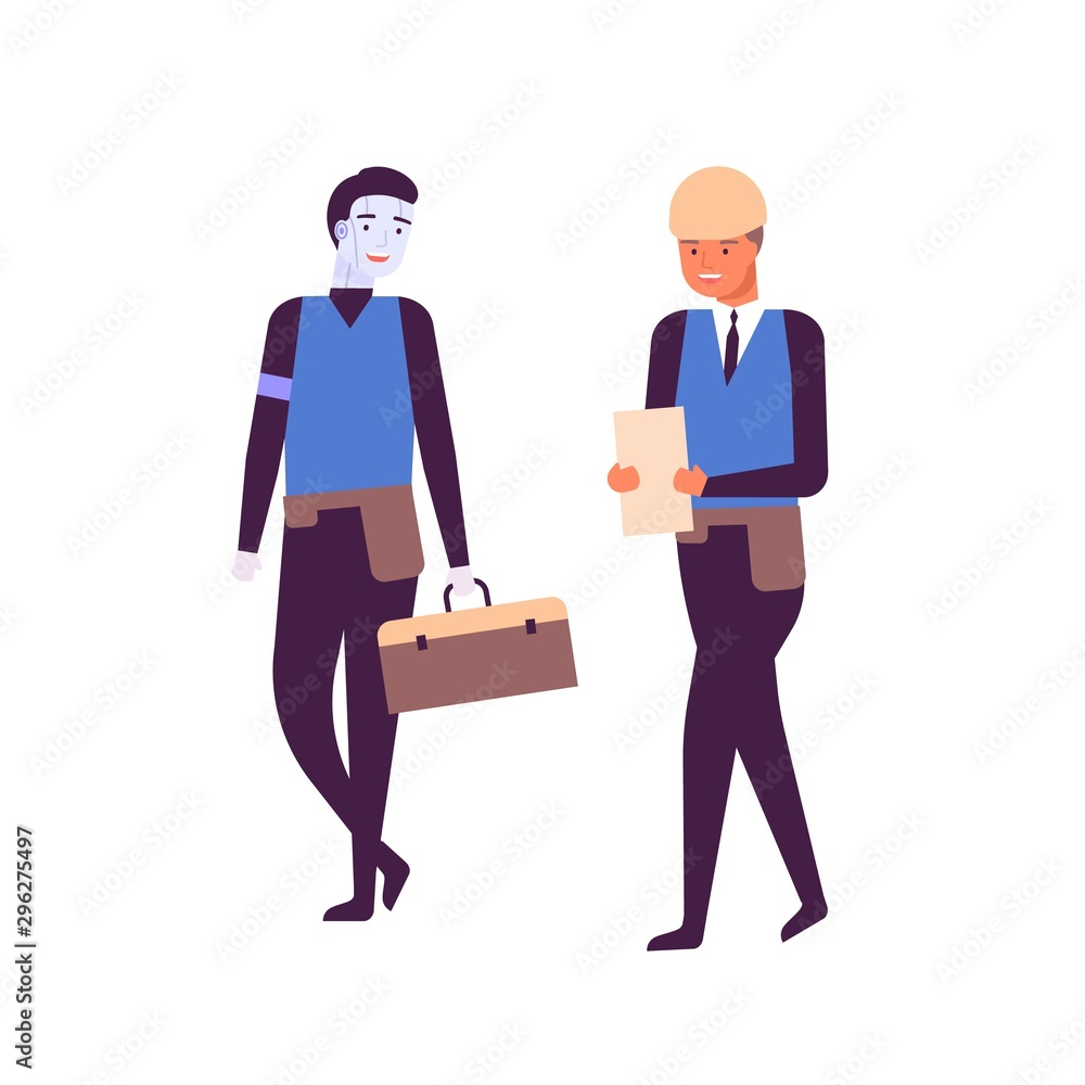 Man and cyborg working together flat vector illustration. Happy humanoid robot and engineer in uniform cartoon characters. Future technology, job automation concept. Smiling builder and smart machine.