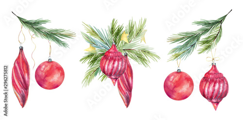 Fototapeta Naklejka Na Ścianę i Meble -  Watercolor isolated Christmas red decorations, fir, Christmas balls, decor, round frame. Christmas clipart illustration