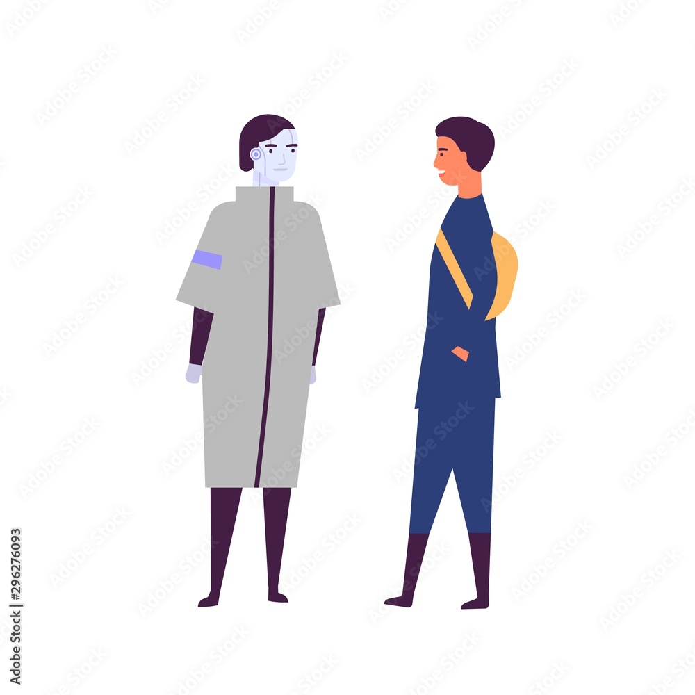 Man and android communicating flat vector illustration. Happy young guy and humanoid machine cartoon characters. People and robots friendship, artificial intelligence innovation concept. Man and android communicating flat vector illustration. Happy young guy and humanoid machine cartoon characters. People and robots friendship, artificial intelligence innovation concept.