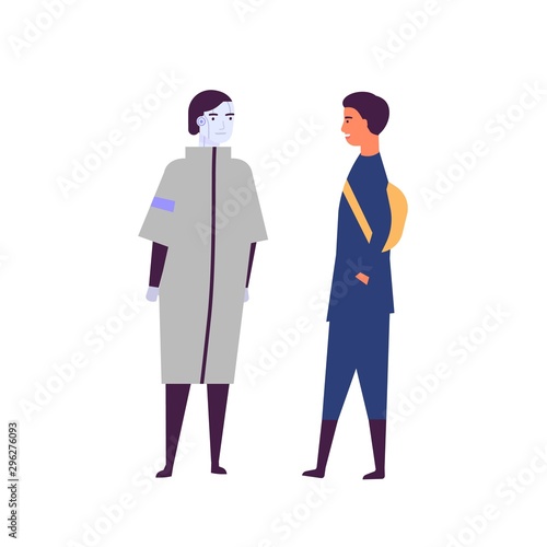 Man and android communicating flat vector illustration. Happy young guy and h...