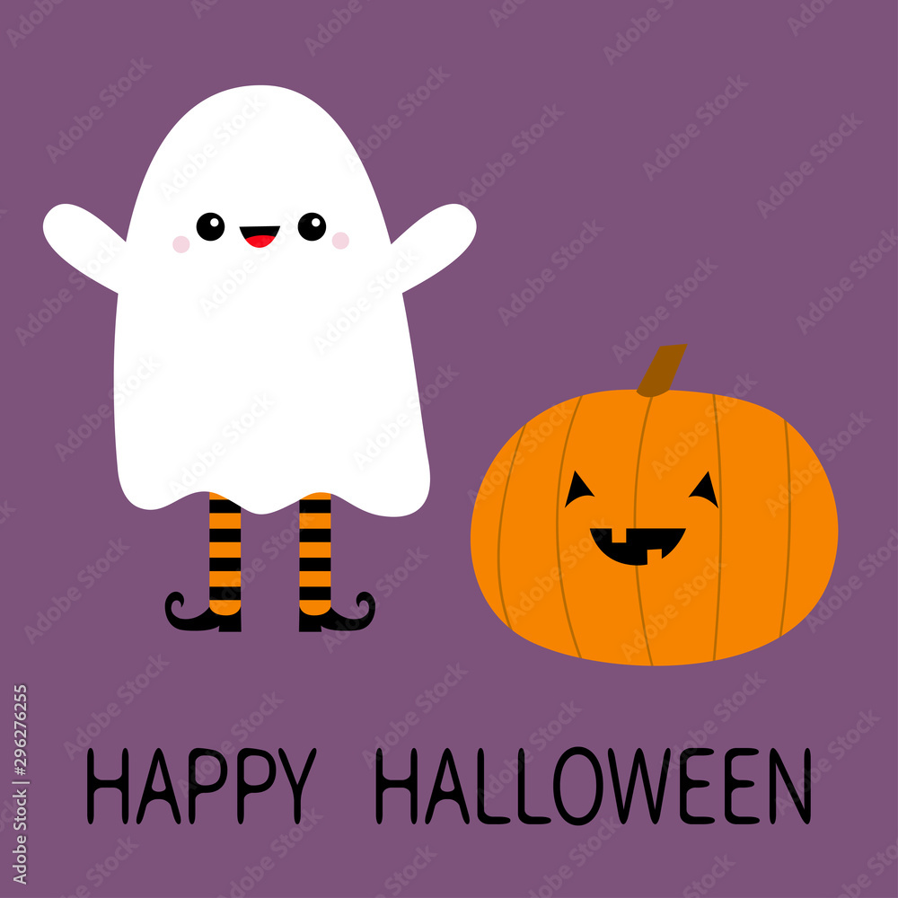 Fototapeta premium Happy Halloween. Child kid wearing ghost spirit costume. Cute pumpkin. Trick or treat. Funny creepy smiling face. Cute cartoon kawaii baby character. Eyes, teeth. Violet background. Flat design.