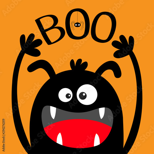 Happy Halloween. Monster head black silhouette. Eyes, ears, teeth fang, tongue, hands up. Boo text. Hanging spider. Cute cartoon kawaii funny baby kids character. Flat design. Orange background.