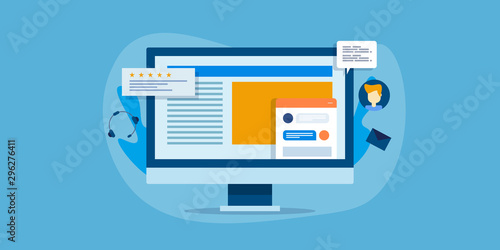 Live chat support system window showing on computer screen, online customer service, chat communication, digital web concept. Flat design banner template.