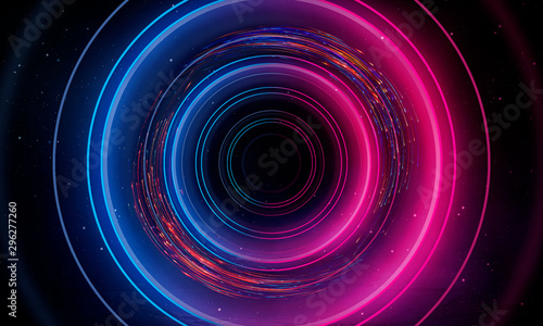 Abstract neon background with light circles, geometric shapes made of neon. Abstract light, scene, purple, pink, blue neon, portal. Futuristic neon background, neon circle.