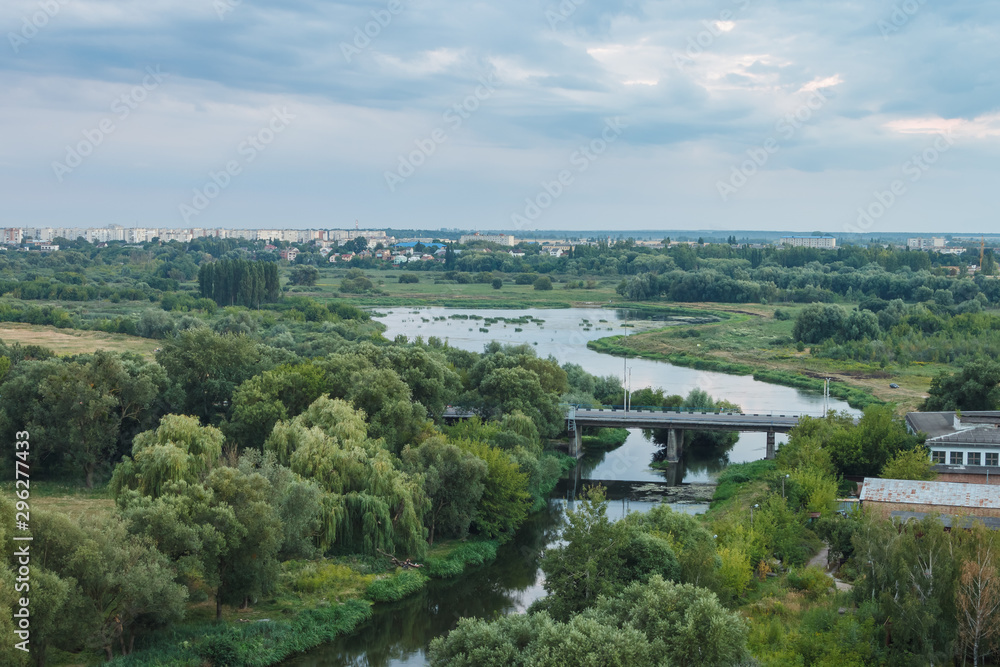 View of a picturesque landscape with a river, bridge and city. Landscape overlooking the riverbed. Overgrown shores
