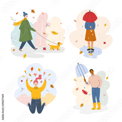 Collection of chracter vector scene illustrations. People in park in autumn, women walking a dog, man with umbrella, girl under umbrella, cute female character throwing autumn leaves in the air. 