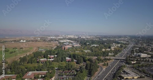 Aerial of Google HQ and highway 101 in mountain view california fly forward