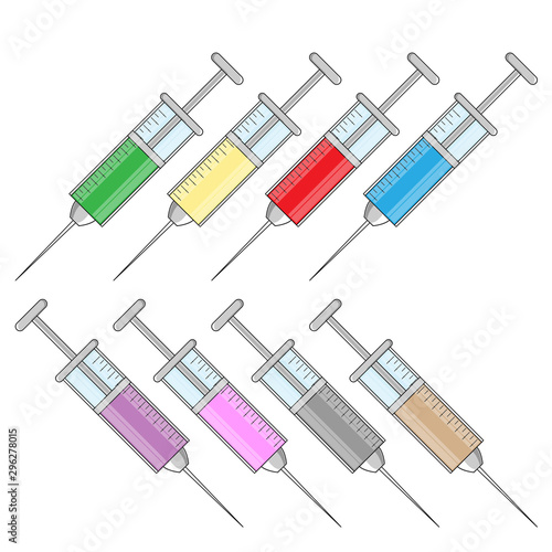 Set of medicine syringes in flat style. Vector healthcare illustration for design