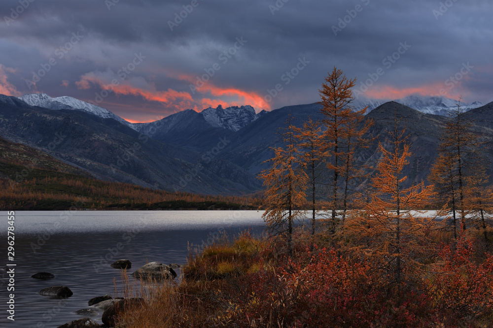 Autumn twilight on lake Jack London, Kolyma, Magadan region